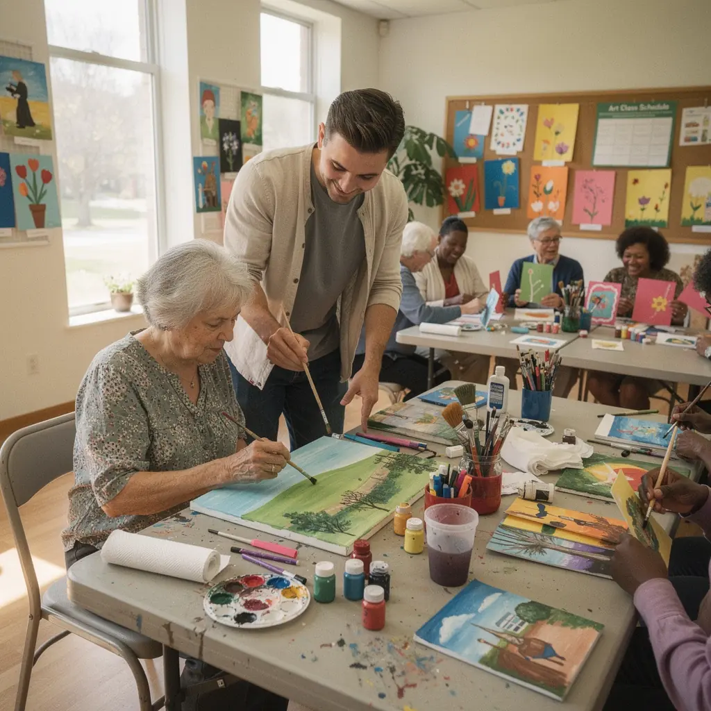 Zdjęcie starszej osoby otrzymującej pomoc od opiekuna w przytulnym pokoju.