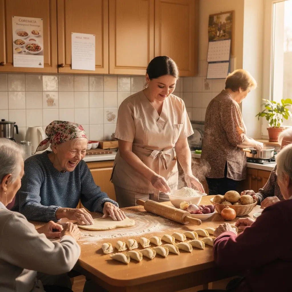 Uśmiechnięty senior spędzający czas z wolontariuszem na świeżym powietrzu.